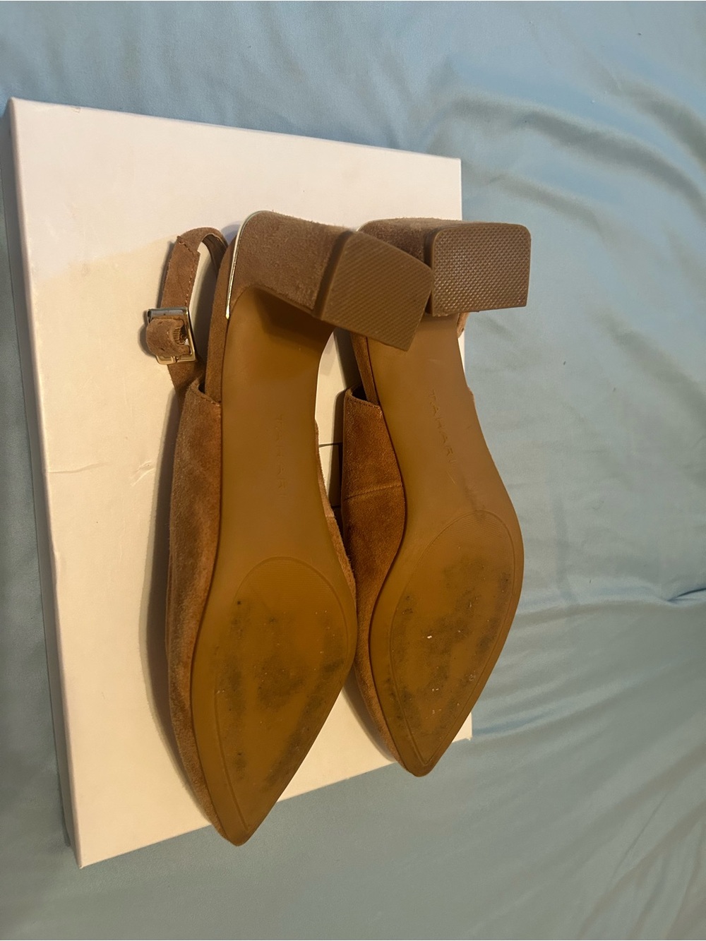Tahari Camel Suede Slingback Block Heel Mules - Picture 5 of 6
